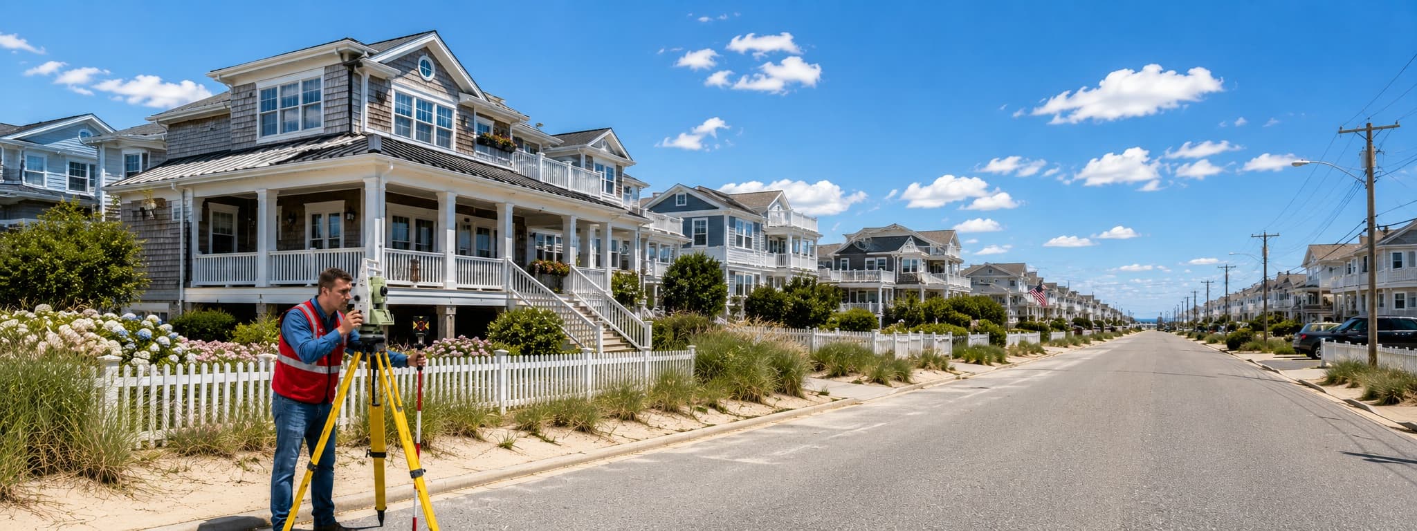 An ELS land surveyor at a total station on a sunny Jersey Shore street lined with raised coastal beach homes